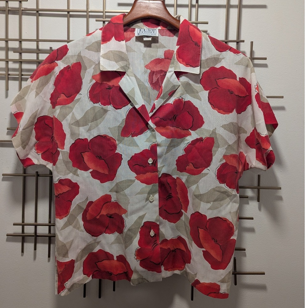 VTG 80's 90's Russ Petites Red Floral Short Sleeve Button Up‎ Shirt Sz 12 ILGWU